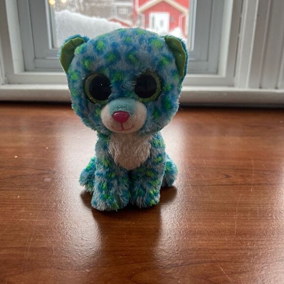 Ty Beanie Boo Leona The Leopard Cat Teal Blue Green No Hang Tags Plushie 6in - Picture 1 of 5